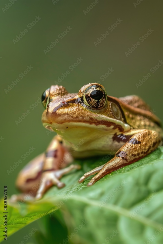 A small frog is perched on top of a green leaf, enjoying the surroundings A small frog is perched on top of a green leaf, enjoying the surroundings