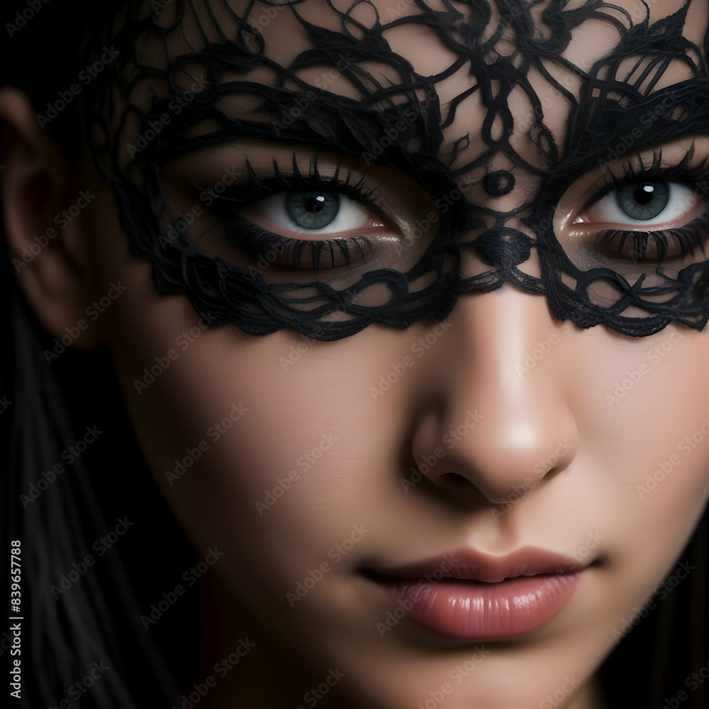 Enigmatic Elegance: Close-Up of a Beautiful Woman with a Black Lace Mask Enigmatic Elegance: Close-Up of a Beautiful Woman with a Black Lace Mask