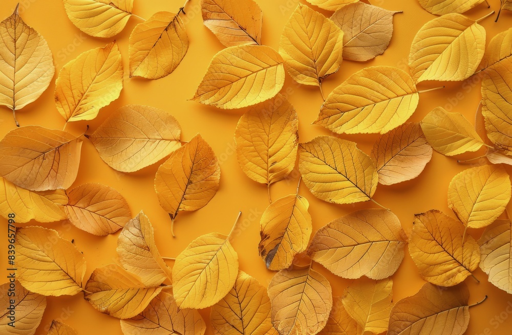 Closeup of Scattered Golden Autumn Leaves on Yellow Background