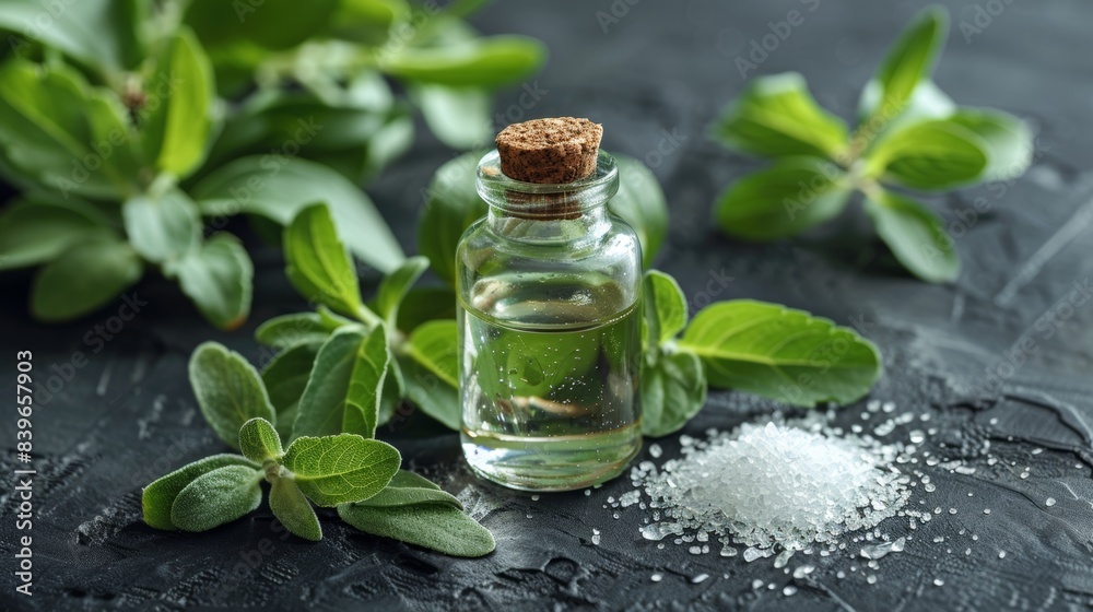 glass bottle with stevia extract, adorned with green leaves a natural zero-calorie sweetening option depicted in a concept background glass bottle with stevia extract, adorned with green leaves a natural zero-calorie sweetening option depicted in a concept background