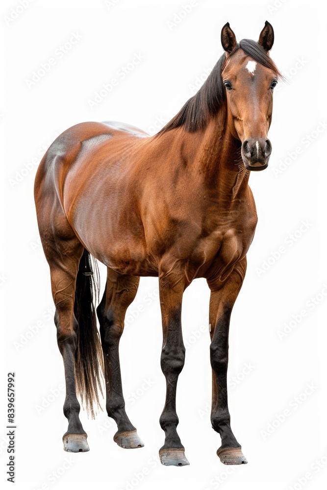 A brown horse standing on a white surface A brown horse standing on a white surface