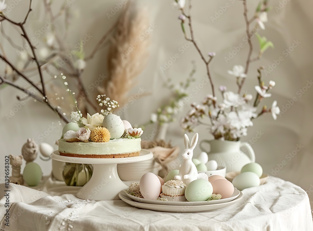 Fototapeta premium A round table with an Easter concept, eggs in green and beige colors on the wall behind it, an elegant e