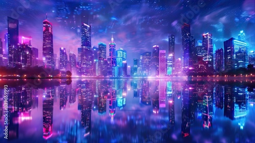Wallpaper Mural Futuristic city. Concept Art. Cityscape at night with bright neon lights. 3D illustration. AI generated illustration Torontodigital.ca