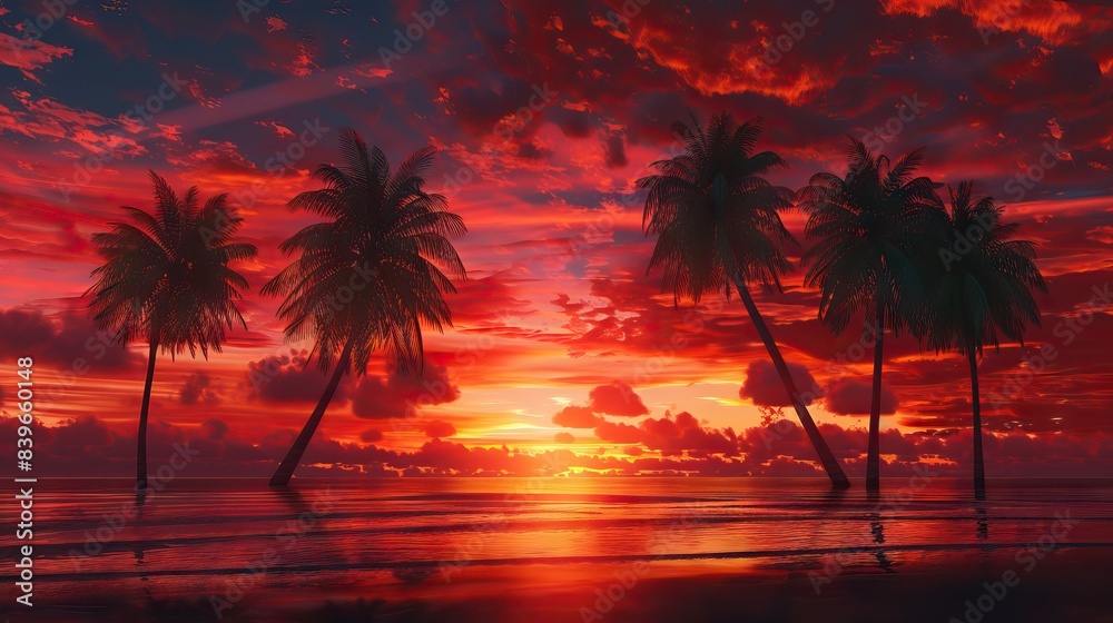 Imagine an iconic scene reminiscent of Scarface, where the vibrant backdrop of an orange sky sets the stage for a row of majestic palm trees. AI generated illustration Imagine an iconic scene reminiscent of Scarface, where the vibrant backdrop of an orange sky sets the stage for a row of majestic palm trees. AI generated illustration