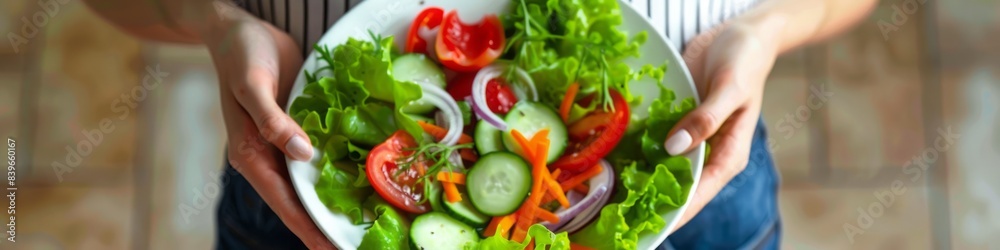 vegetable salad in a plate close-up against the background of a fat woman. vegetable salad in a plate close-up against the background of a fat woman.