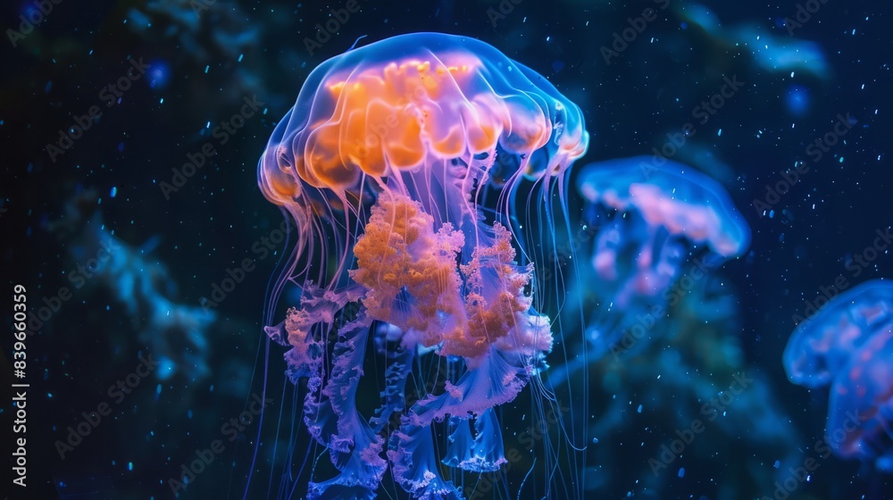 Fototapeta premium sea with brains and tail jellyfish glowing.