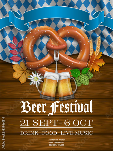 oktoberfest poster with pretzel, beer mugs and fall leaves. german beer festival flyer with bavarian flag on wooden background