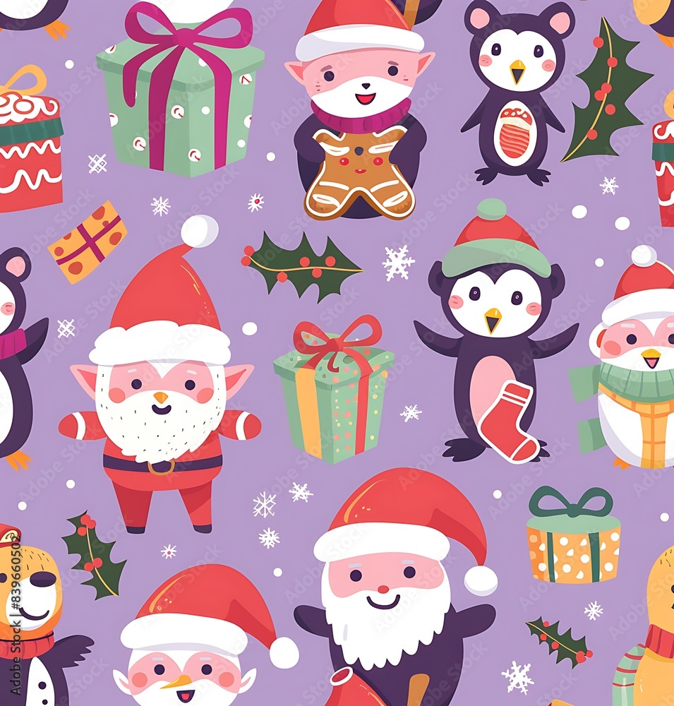 A seamless pattern of cute Christmas characters like elves, penguins and animals with gingerbread A seamless pattern of cute Christmas characters like elves, penguins and animals with gingerbread