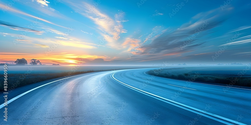 Naklejka premium Capturing the Essence Empty Road at Sunset with Stunning Sky. Concept Nature Photography, Sunset Scenery, Dramatic Sky Colors, Empty Road Atmosphere