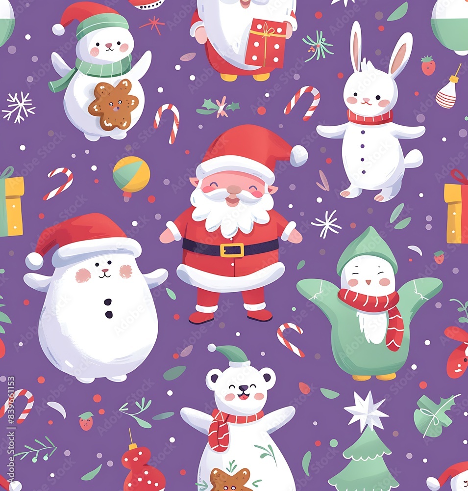 A seamless pattern of cute cartoon characters like Santa, elves and penguins in a Christmas scene with gifts on a purple background A seamless pattern of cute cartoon characters like Santa, elves and penguins in a Christmas scene with gifts on a purple background