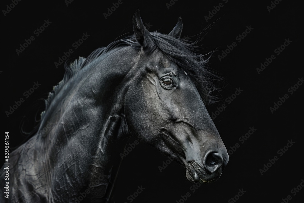 A close-up shot of a horse's head against a black background, ideal for use in designs or as a symbol A close-up shot of a horse's head against a black background, ideal for use in designs or as a symbol