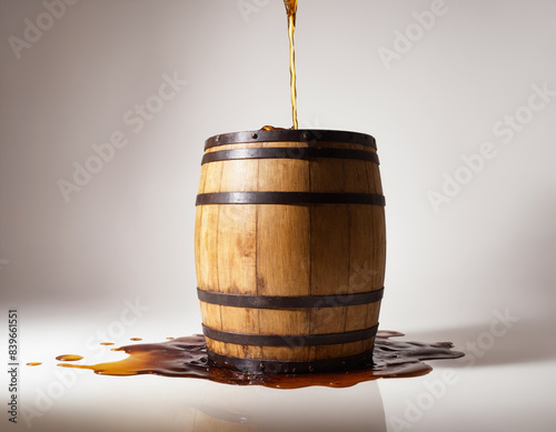 Wooden Barrel Overflowing with Liquid on White Background
