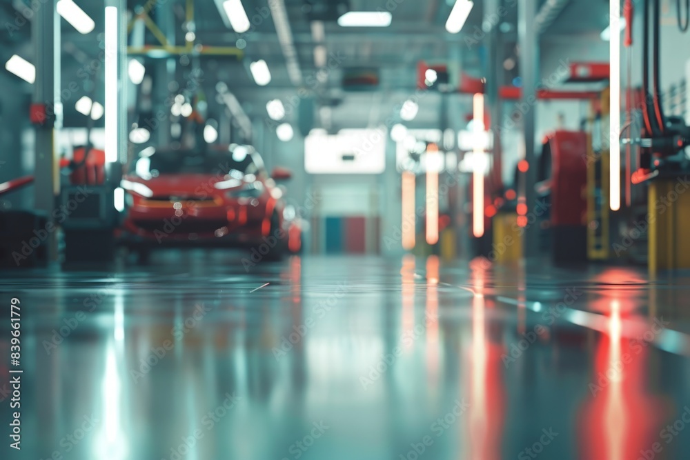 A red car is parked in a garage A red car is parked in a garage