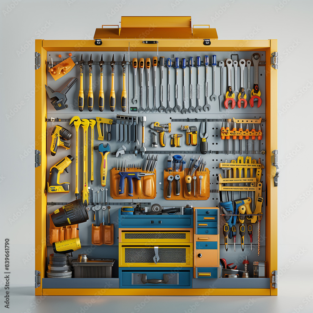 Industrial Storage Unit with Vibrant Power Tools for a Robust and Colorful Workshop