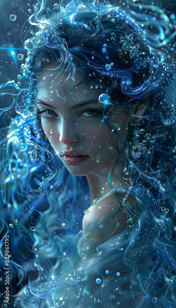 A woman with long blue hair is in a body of water A woman with long blue hair is in a body of water