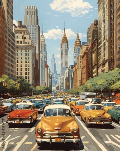 1980s cars in one point perspective on urban street, creating nostalgic city scene