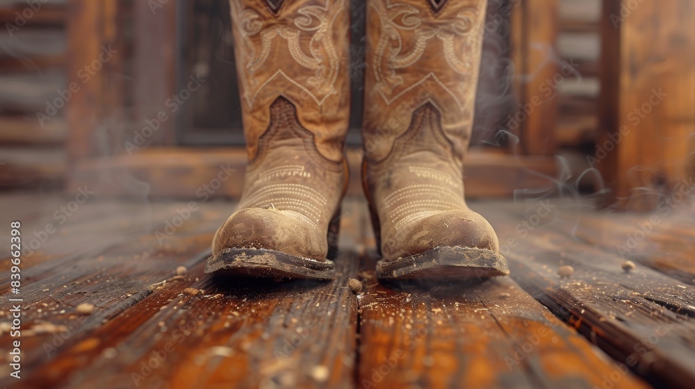 classic wild west banner with space for text featuring dusty cowboy boots on a rustic wooden porch perfect for a western-themed design classic wild west banner with space for text featuring dusty cowboy boots on a rustic wooden porch perfect for a western-themed design