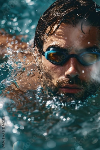 A person swimming in a pool with goggles on © Ева Поликарпова