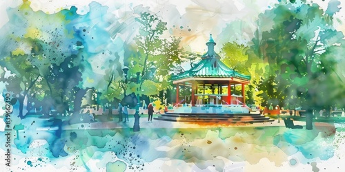 Colorful Park Scene with Bandstand