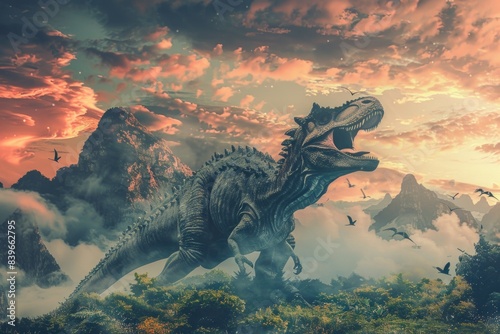 Fototapeta Naklejka Na Ścianę i Meble -  A large dinosaur standing in a vast open field