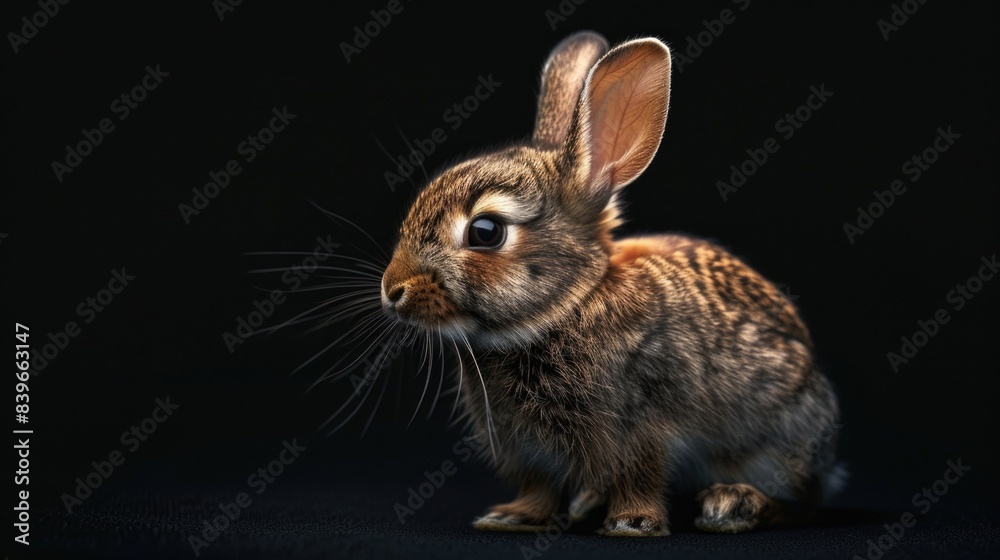Fototapeta premium A small rabbit sitting on top of a black surface, ideal for use in editorial or commercial contexts where a simple and striking image is required