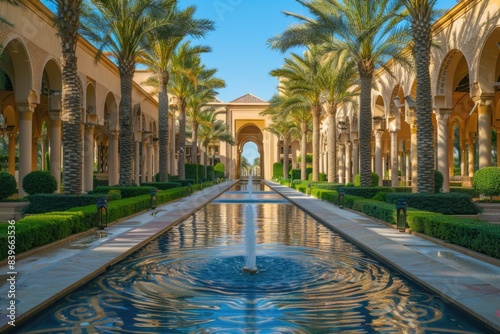 A serene courtyard scene featuring a pool surrounded by palm trees