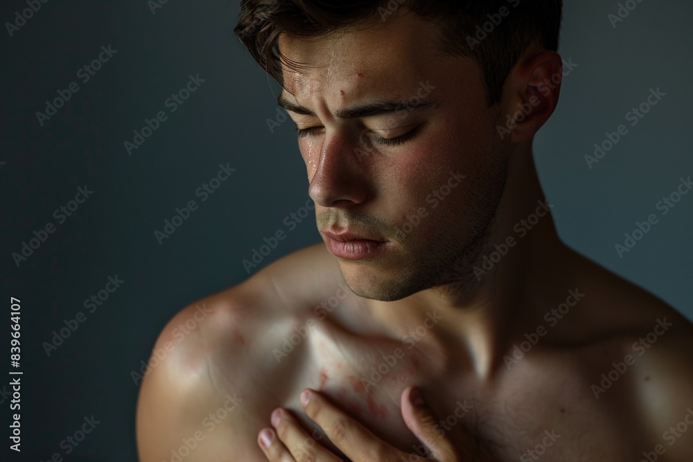 A shirtless man holds his hands to his chest in a contemplative pose A shirtless man holds his hands to his chest in a contemplative pose