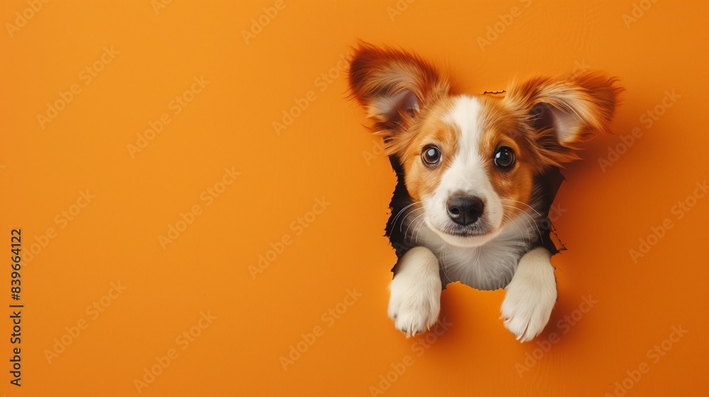 Funny cute puppy dog peeking out of a hole in yellow wall or paper background. Pet for shopping advertising concept Funny cute puppy dog peeking out of a hole in yellow wall or paper background. Pet for shopping advertising concept