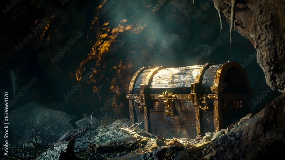 Fototapeta premium Treasure chest with gold coins and precious stones on a stone background