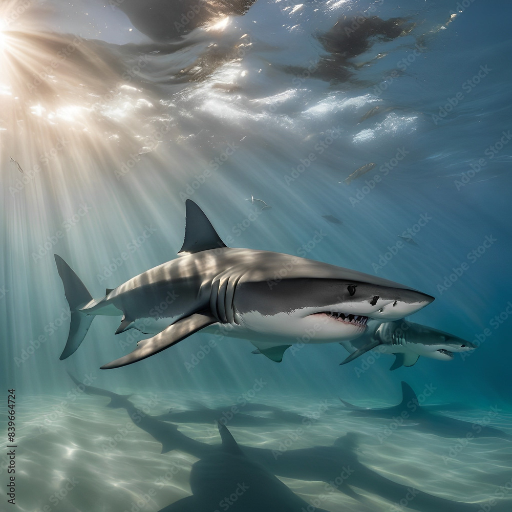 Obraz premium a group of sharks are swimming in the beautiful ocean