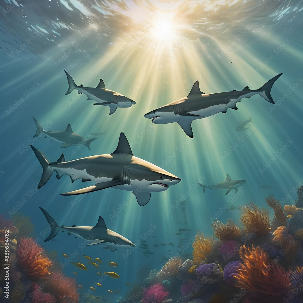 Obraz premium a group of sharks are swimming in the beautiful ocean
