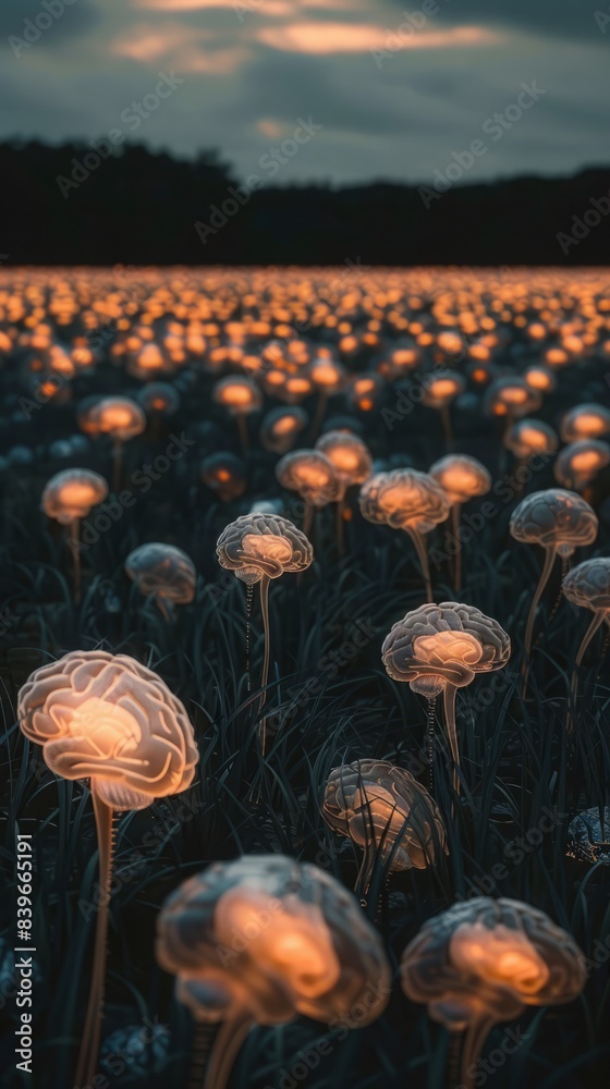 field with many glowing brains at dusk. field with many glowing brains at dusk.