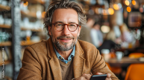 A man with a warm smile and glasses looks down at his phone while sitting in a cafe. The background is filled with soft, out-of-focus lights and shelves