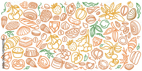 Granola and cereals hand drawn vector set. Crunches. Oats with fruits, berries, nuts, cocoa, tasty cereal ingredients, bakery, breakfast icons.	