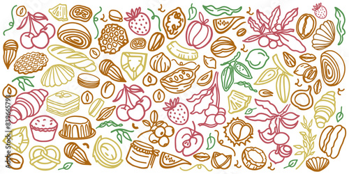 Granola and cereals hand drawn vector set. Crunches. Oats with fruits, berries, nuts, cocoa, tasty cereal ingredients, bakery, breakfast icons.	