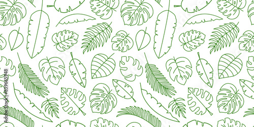 Palm leaf seamless pattern, green plant line art, tropical foliage background, exotic floral wallpaper, summer hawaii branch outline design. Drawing leaves ornament, jungle bg. Vector illustration