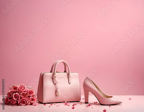 A classy setup with a pale pink designer handbag, matching heel and a bouquet of roses on a pink background. Minimal fahion concept