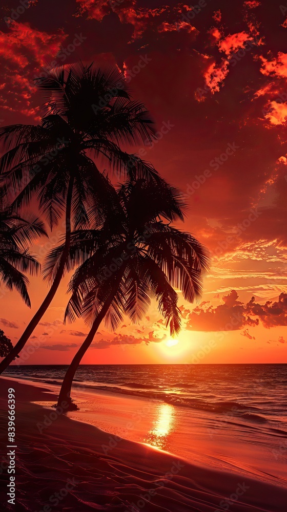 Imagine an iconic scene reminiscent of Scarface, where the vibrant backdrop of an orange sky sets the stage for a row of majestic palm trees. AI generated illustration