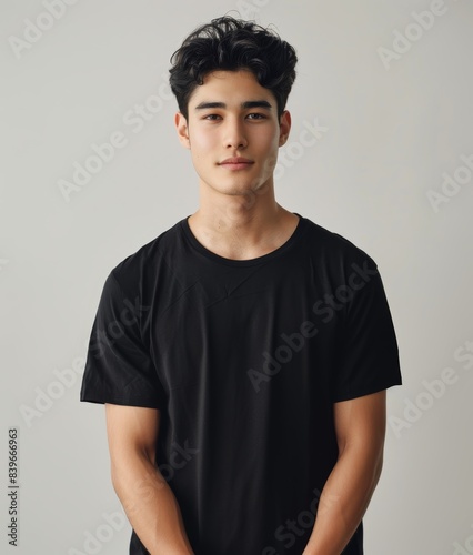 Young Asian Male Model in Black T-shirt. Generative AI.