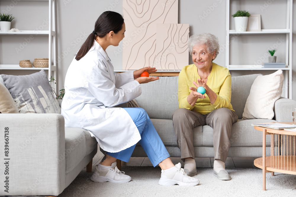 Senior woman and physical therapist with massage balls at home Senior woman and physical therapist with massage balls at home