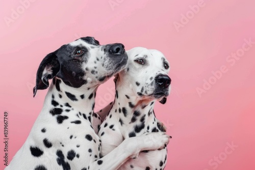 Two Dalmatian dogs standing side by side, friendly and alert photo