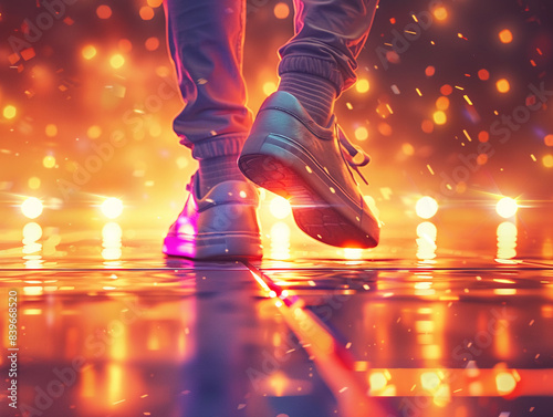 Dance floor, sneakers, vibrant energy, converting dance moves into electricity, depicted in a realistic image, golden hour lighting, and lens flare effect