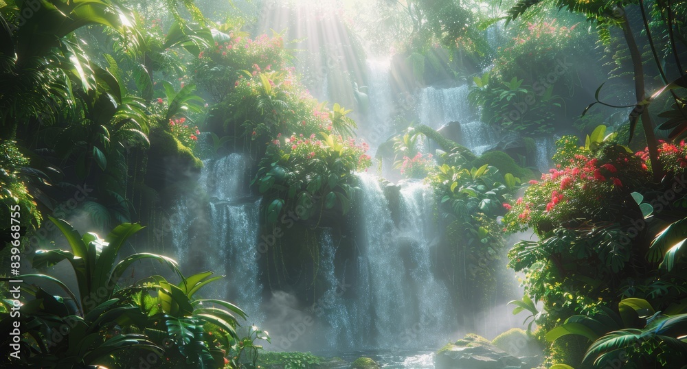 Sunbeams Filtering Through Lush Rainforest Canopy With Waterfall