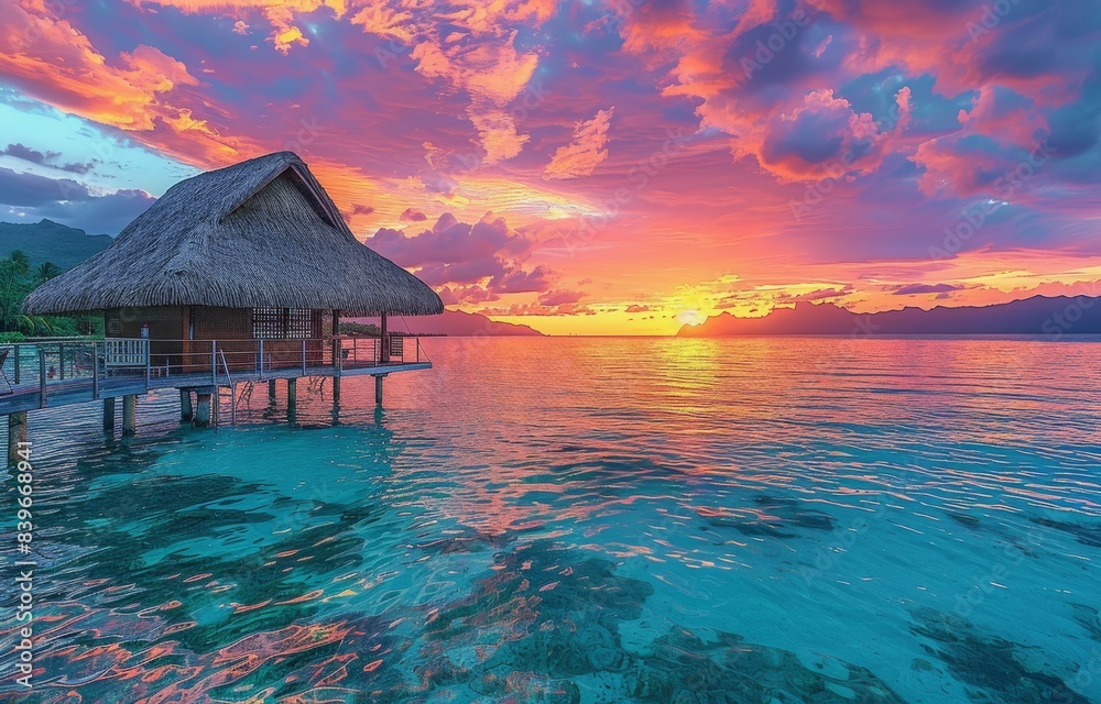Overwater Bungalow at Sunset With Mountain Views in the South Pacific Overwater Bungalow at Sunset With Mountain Views in the South Pacific