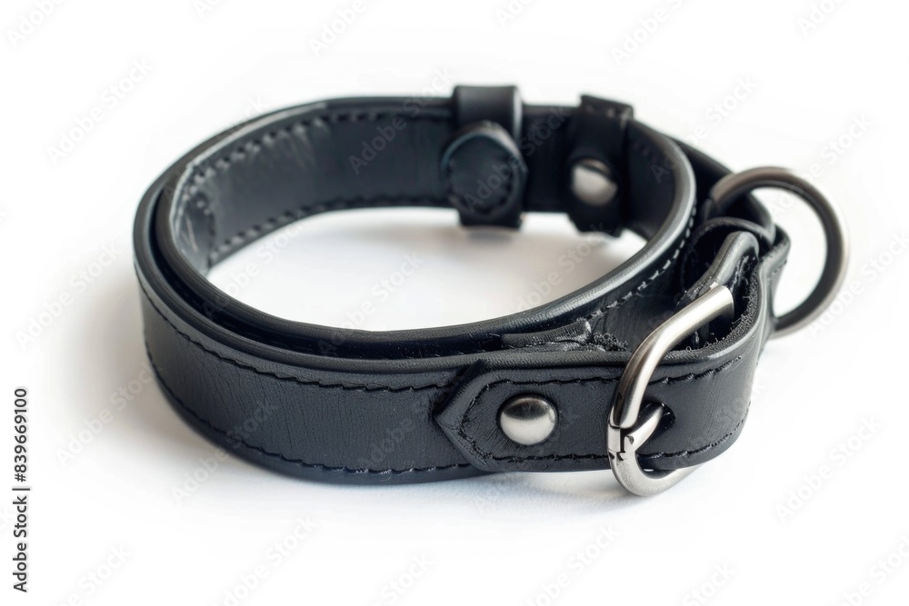 Close-up shot of a black leather dog collar Close-up shot of a black leather dog collar