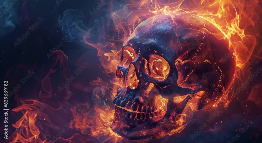 Flaming Human Skull Illustration Against Dark Background Flaming Human Skull Illustration Against Dark Background