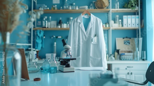 a blue lab coat on a chair and a microscope on a bench represent a modern science lab setting for education and research purposes
