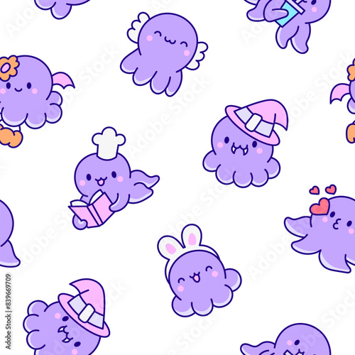 Cute kawaii happy octopus. Seamless pattern. Cartoon underwater animals characters. Hand drawn style. Vector drawing. Design ornaments.