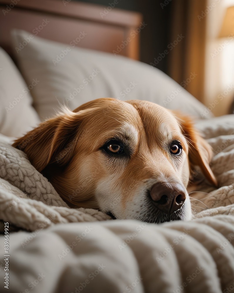 A heartwarming scene of a senior dog resting peacefully on a comfortable bed, with a soft blanket and gentle lighting creating a cozy atmosphere A heartwarming scene of a senior dog resting peacefully on a comfortable bed, with a soft blanket and gentle lighting creating a cozy atmosphere