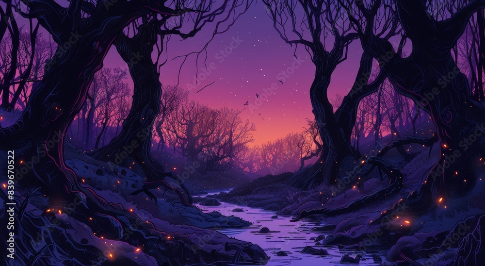 A Twilight View of a Stream in a Purple Forest A Twilight View of a Stream in a Purple Forest